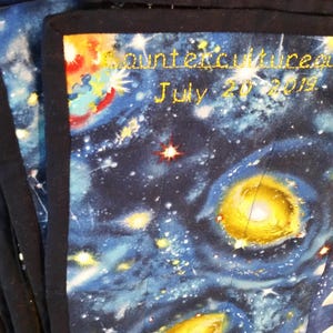 Moon Walk 50th Anniversary Quilt Coverlet Throw: Rocket Ship on Reverse, Outer Space Fabrics