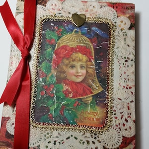 Victorian Christmas Junk Journal Red Gold Doily Tea Dyed