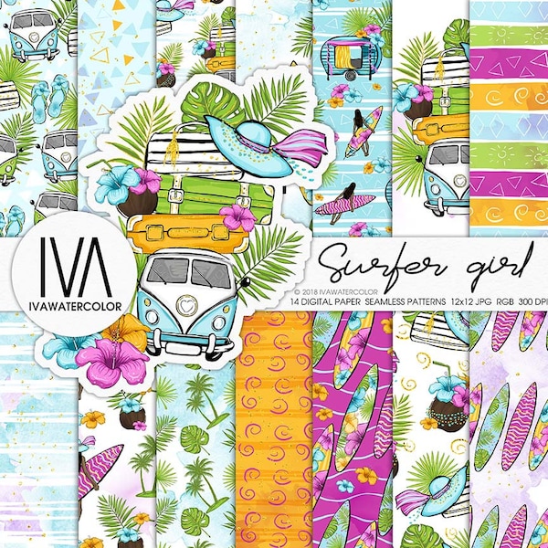 Summer Digital paper, Beach digital paper, Surfer Girl Tropical digital paper, Surfing and Flowers Digital Paper,Seamless Wanderlust pattern