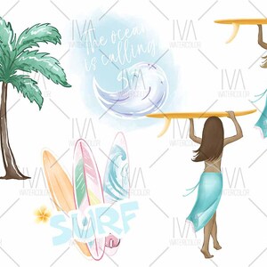 May include: A watercolor illustration of a palm tree, a wave, and two women holding surfboards. The text "The ocean is calling" is written in blue and white. The word "SURF" is written in blue and white with three surfboards behind it.