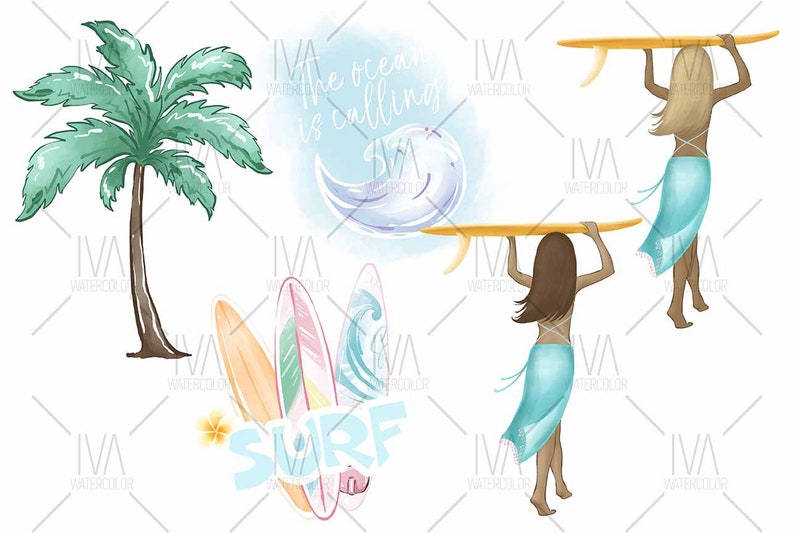 May include: A watercolor illustration of a palm tree, a wave, and two women holding surfboards. The text "The ocean is calling" is written in blue and white. The word "SURF" is written in blue and white with three surfboards behind it.