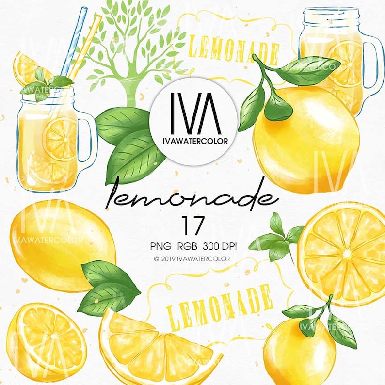 May include: Watercolour illustration of lemons, lemonade, and a lemon tree. The illustration includes a mason jar filled with lemonade, a lemon slice, and a sign that says "Lemonade".