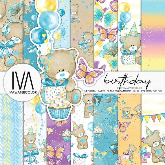 Birthday Seamless Pattern Teddy Bear digital paper, Happy Birthday background, planner stickers Teddy Bear Illustration Birthday Scrapbook