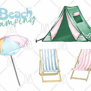 May include: A watercolor illustration of beach camping essentials. The illustration includes a green and pink tent, two striped beach chairs, and a colorful beach umbrella. The text "Beach Camping" is written in a whimsical font.