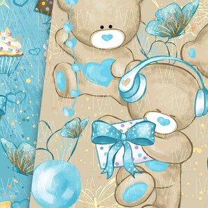 May include: Two brown teddy bears with blue accents, one holding a blue gift box with a blue bow and the other wearing blue headphones. The background is a light brown with blue butterflies and confetti.