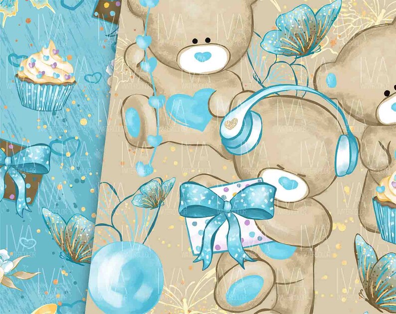 May include: Two brown teddy bears with blue accents, one holding a blue gift box with a blue bow and the other wearing blue headphones. The background is a light brown with blue butterflies and confetti.