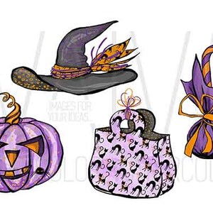 May include: A collection of Halloween-themed illustrations. Includes a purple jack-o'-lantern, a witch's hat with feathers, a tote bag with black cat silhouettes, and a wrapped candy cane with a purple bow.