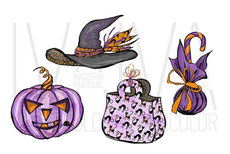 May include: A collection of Halloween-themed illustrations. Includes a purple jack-o'-lantern, a witch's hat with feathers, a tote bag with black cat silhouettes, and a wrapped candy cane with a purple bow.