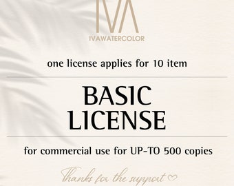 Basic License for Commercial Use for 10 items, for the Digital Paper Pack& Watercolor Clipart section. No credit required. For direct print.