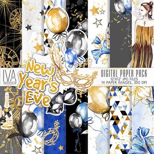 May include: A digital paper pack with 14 New Year's Eve themed designs. The designs feature gold, black, blue, and white colors. The designs include masks, confetti, balloons, and geometric patterns.