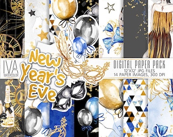 New Year watercolor Digital Paper Seamless Pattern,New Year's Eve, Champagne Clock Fashion Girl Balloons,Watercolor Digital Art New Year
