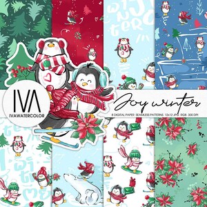 Papel digital navideño con patrones sin costuras de pingüinos jugando juegos de invierno con oso blanco, alegría invernal, lindo papel digital de pingüino para imprimir