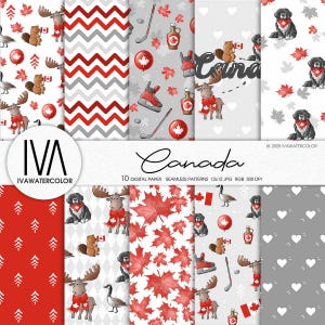 Könnte beinhalten: Ein Set mit 10 digitalen nahtlosen Papiermustern mit kanadischen Motiven. Die Muster umfassen rote und weiße Ahornblätter, rote und weiße Chevron-Muster, rote und weiße Herzen und eine Vielzahl kanadischer Tiere, darunter Elche, Biber und Gänse. Die Muster sind perfekt für Scrapbooking, Kartenherstellung und andere Bastelprojekte.
