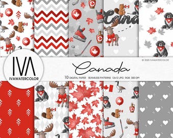 Papeles digitales de Canadá y conjunto de banderas de Canadá: Hoja de arce para scrapbooking digital, invitaciones, hockey, castor, alce, perro, planificadores, patrón sin costuras
