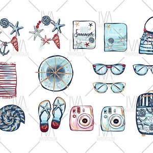 May include: A set of summer-themed illustrations featuring a beach bag, sunglasses, a camera, flip-flops, a seashell, a beach towel, a straw hat, and two journals with the text "Hello Summer" and "Beach Journal".
