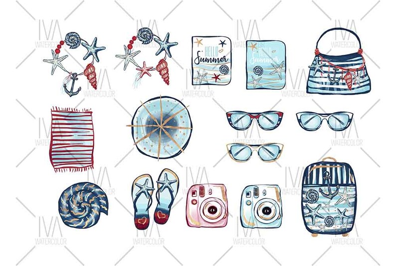 May include: A set of summer-themed illustrations featuring a beach bag, sunglasses, a camera, flip-flops, a seashell, a beach towel, a straw hat, and two journals with the text "Hello Summer" and "Beach Journal".