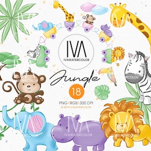 May include: A set of 18 watercolor jungle animal illustrations. The animals include a giraffe, zebra, monkey, lion, elephant, hippopotamus, toucan, and more. The illustrations are in a cartoon style and are perfect for use in scrapbooking, card making, and other craft projects.
