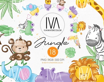 Jungle Animals Clipart - Lion Zebra Monkey Giraffe Clipart Rhino Elephant Clipart - Animal Train Pattern - Nursery Wall Art Printable