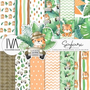 Papier numérique Jungle Safari - Charmants motifs de tigre pour bricolage d'articles pour enfants, fabrication de tissus et d'autocollants, cadeau idéal sur le thème d'un bébé