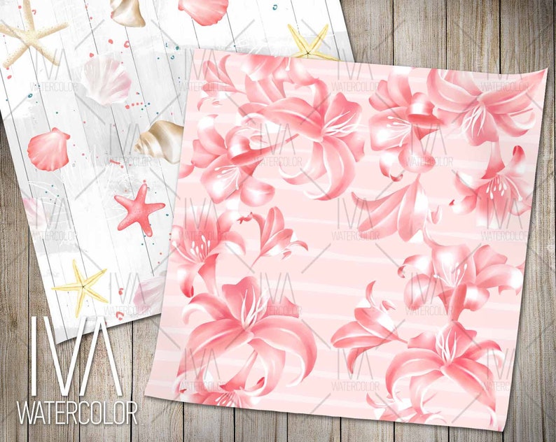 May include: Two digital paper designs. The first design features a white wood background with pink seashells, starfish, and a light blue watercolor wash. The second design features a pink background with pink and white lilies and a light pink and white striped pattern.
