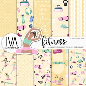 May include: A collection of 10 digital fitness-themed papers with seamless patterns. The designs feature yoga poses, workout equipment, and motivational text on a yellow background. Includes a logo with the word "fitness".