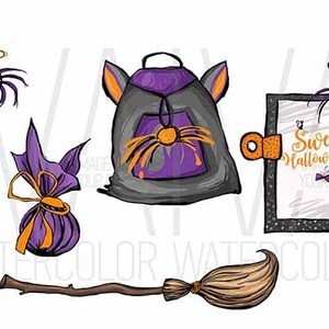 May include: Watercolor illustration of Halloween-themed items. Includes a spider-topped pen, a purple bat-shaped bag, a backpack with a spider, a framed sign with text, and a broom. The sign says "Sweet Halloween".