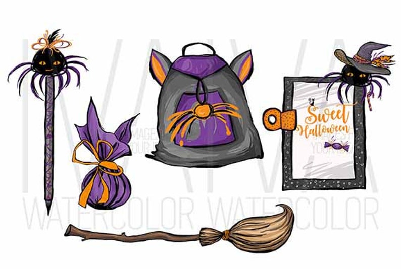 May include: Watercolor illustration of Halloween-themed items. Includes a spider-topped pen, a purple bat-shaped bag, a backpack with a spider, a framed sign with text, and a broom. The sign says "Sweet Halloween".