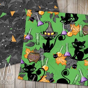 May include: A seamless pattern featuring black cats wearing witch hats, green potion bottles, and cauldrons on a green background with orange and yellow leaves.