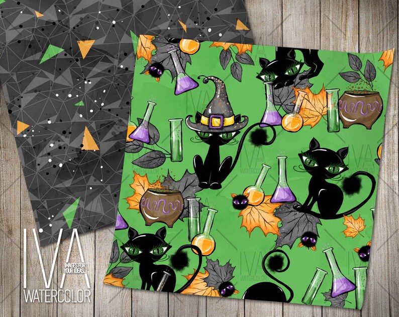 May include: A seamless pattern featuring black cats wearing witch hats, green potion bottles, and cauldrons on a green background with orange and yellow leaves.