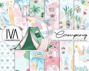 May include: Twelve digital paper seamless patterns featuring a camping theme with pink and green color palettes. The patterns include illustrations of a camper van, tent, palm trees, surfboards, and the text "Camping", "Beach Camping", "Surf", and "Ocean Camping".