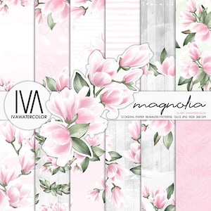 Magnolie Hochzeit Musterdesign Digital Paper Pack Floral für Romantische Briefpapier, Shabby Chic Frühling Rosa Hintergrund für Braut Handwerk
