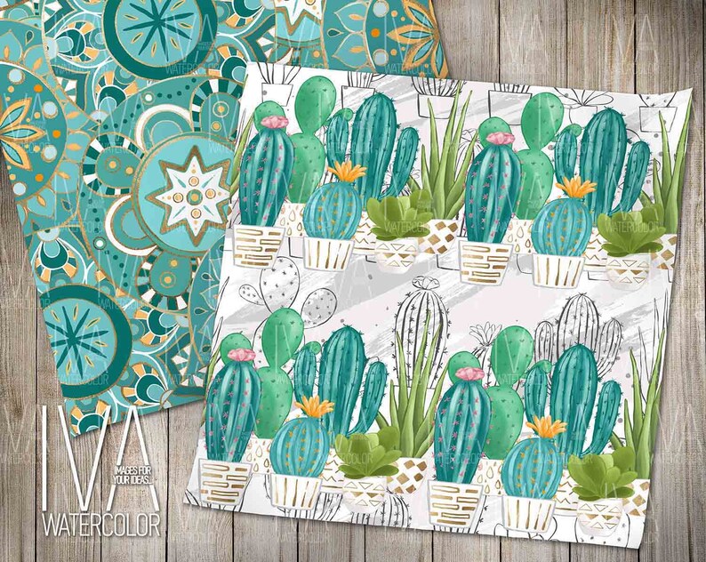 May include: A seamless pattern featuring watercolor illustrations of cacti in pots with gold accents. The background is white with a subtle texture. The pattern is perfect for crafting, scrapbooking, and other creative projects.