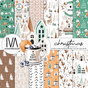 Può includere: Un set di 12 motivi di carta digitale senza cuciture con un tema natalizio. I motivi includono illustrazioni di case, alberi, renne, cotone, tazze e altri elementi festivi. I motivi sono in una varietà di colori, tra cui verde, marrone, bianco e arancione. Il testo "Christmas" e "My Magical Boho Christmas" è incluso nei motivi.