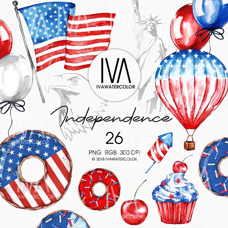 Watercolor Independence PNG Clipart for your 4th JulyAmerica Planner Usa Patriotic Clipart For Patriotic Planner stickers Fourth July