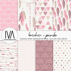 Boho pink nahtlose Muster Digitales Papier Boho Federn Papier Boho Regenbogen Scrapbook Papier Boho Style Hand gezeichnet für Boho Stoffe Aufkleber