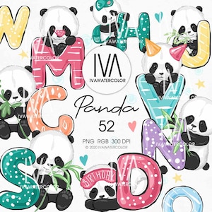 Padrões de alfabeto exclusivos, letras ABC clipart para impressão, panda fofo, animais, clipart de bebê panda para crianças, decoração de festa infantil de aniversário ABC png