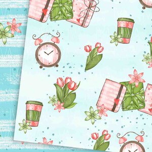 May include: A seamless pattern featuring pink and green gift boxes, pink flowers, coffee cups, and alarm clocks on a light blue background with white polka dots.