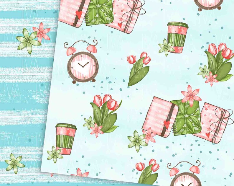 May include: A seamless pattern featuring pink and green gift boxes, pink flowers, coffee cups, and alarm clocks on a light blue background with white polka dots.