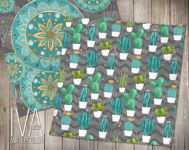 May include: Two digital paper patterns. One pattern features teal and gold mandala designs. The second pattern features a repeating pattern of green cacti in white pots on a gray background with a chevron pattern.