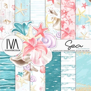Pacote de papel digital Sea Nautical Summer, Pacote de papel digital Sea Wedding, Conchas, Estrelas do mar, Vida marinha, Padrão subaquático sem costura