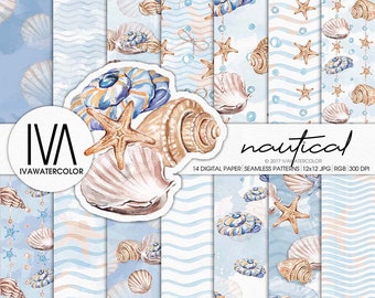 Hand Drawn Nautical Summer Textures - Watercolor Digital Sea Seamless Pattern Paper with Seashells  Starfish, Perfect for DIY Crafts