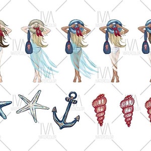 May include: Four watercolor illustrations of women wearing summer dresses and hats, holding beach bags.  Below the women are illustrations of a blue anchor, two starfish, and three red seashells.