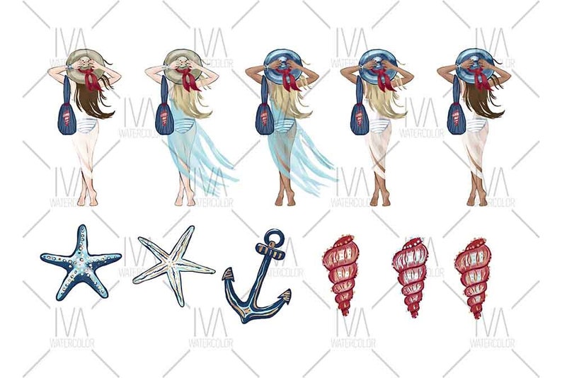 May include: Four watercolor illustrations of women wearing summer dresses and hats, holding beach bags.  Below the women are illustrations of a blue anchor, two starfish, and three red seashells.