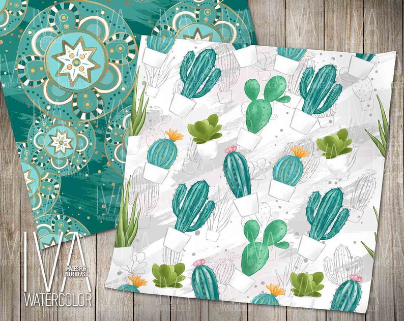 May include: Two seamless patterns featuring watercolor illustrations of cacti and succulents in green and gold tones. The first pattern features a teal background with gold and white geometric designs. The second pattern features a white background with gray brushstrokes and green cacti and succulents.