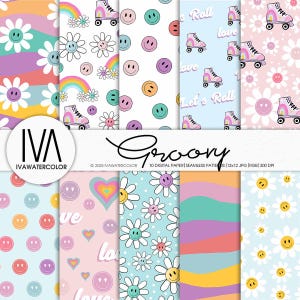 May include: A set of 10 digital paper designs featuring groovy patterns with rainbows, smiley faces, daisies, hearts, and roller skates. The papers are in a variety of colours, including pink, blue, yellow, green, and purple. The text "Groovy" is written in a cursive font at the top of the image.