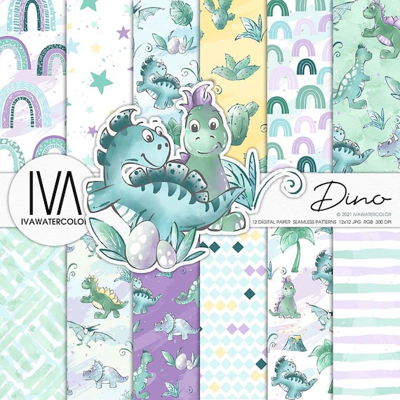 Dinosaurs Kids Digital Paper, Rainbow, Seamless pattern, Dinosaur Pattern, Triceratops, Dino Paper, Good Idea for Print on Demand