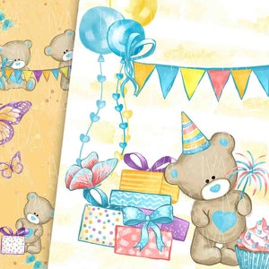 May include: A watercolour illustration of a birthday party featuring a brown teddy bear wearing a party hat and holding a blue cupcake. The bear is surrounded by colourful presents, balloons, and a banner with flags. The background is a light yellow with a pattern of butterflies.