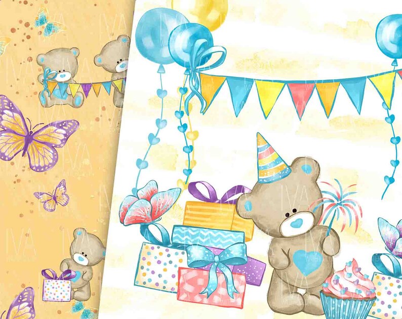 May include: A watercolour illustration of a birthday party featuring a brown teddy bear wearing a party hat and holding a blue cupcake. The bear is surrounded by colourful presents, balloons, and a banner with flags. The background is a light yellow with a pattern of butterflies.