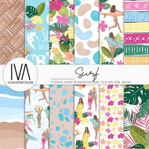 Papel digital con patrón sin costuras Summer Surfing, chica surfista, para imprimir en tela, papel, etc., Patrones de superficie sin costuras, tela de surf