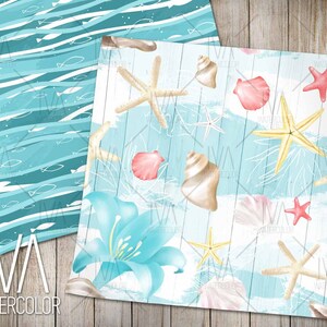 May include: Sea-themed digital paper featuring a blue and white watercolor pattern of waves and fish, and a light blue, white, and pink watercolor pattern of seashells, starfish, and flowers on a woodgrain background.